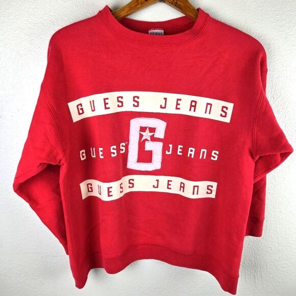 Women's 90's Y2k Vintage Guess Jeans Red Pullover Sweatshirt Size Medium - Picture 9 of 10